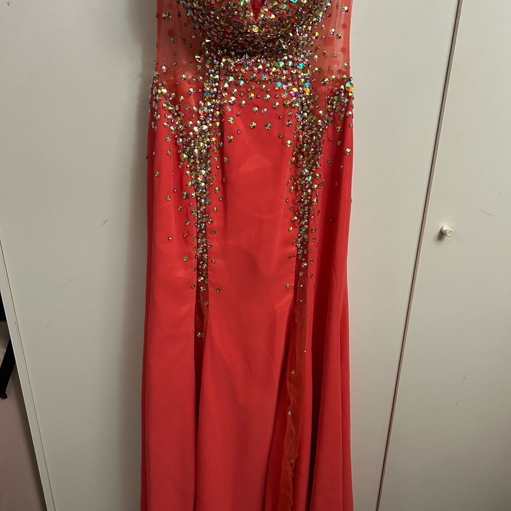 Stunning Coral Gown with Gold Embellishments